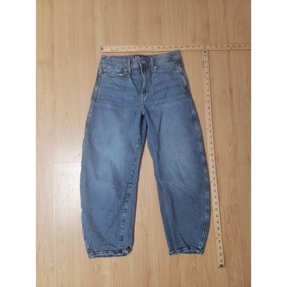 Gap High Rise Barrel Jeans Medium Wash Seamed Tapered Leg Short 2/26